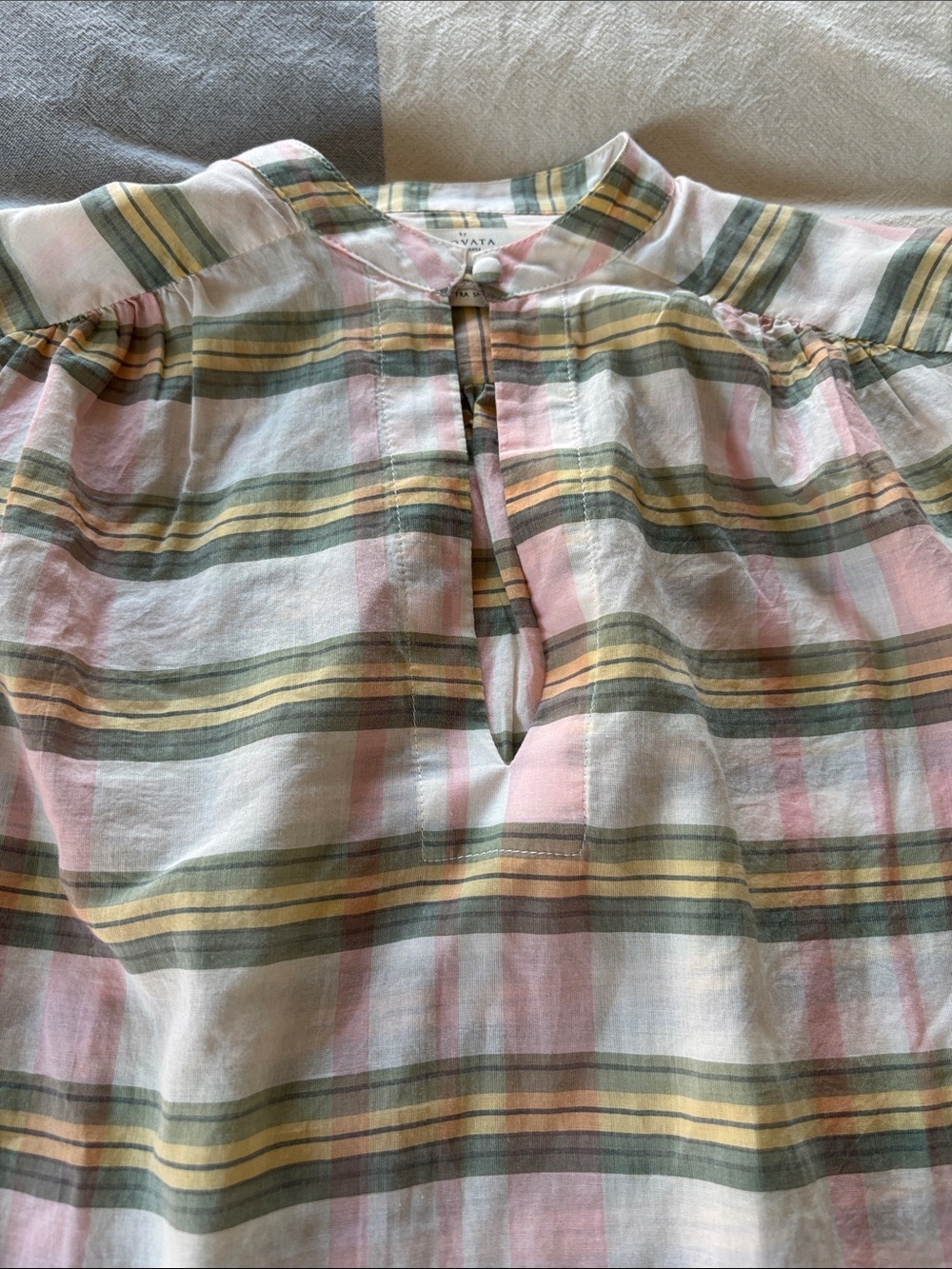 Trovata Birds of ParadiseButton-Front Plaid Cotton Blouse in Pink, Green & Cream - Picture 2 of 3